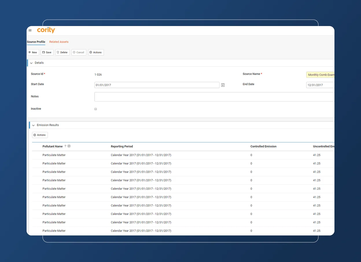 A screenshot of an emissions tracking software interface shows an Accordion Section with fields for source details and a table listing “Particulate Matter” results by reporting period—ideal for the Construction Industry to monitor emission values efficiently.