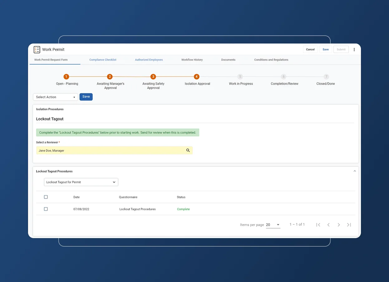 A digital work permit interface for the construction industry displays a compliance checklist in an Accordion Section, with lockout tagout steps, task status as Complete, procedure selection fields, and navigation and save options on a blue background.