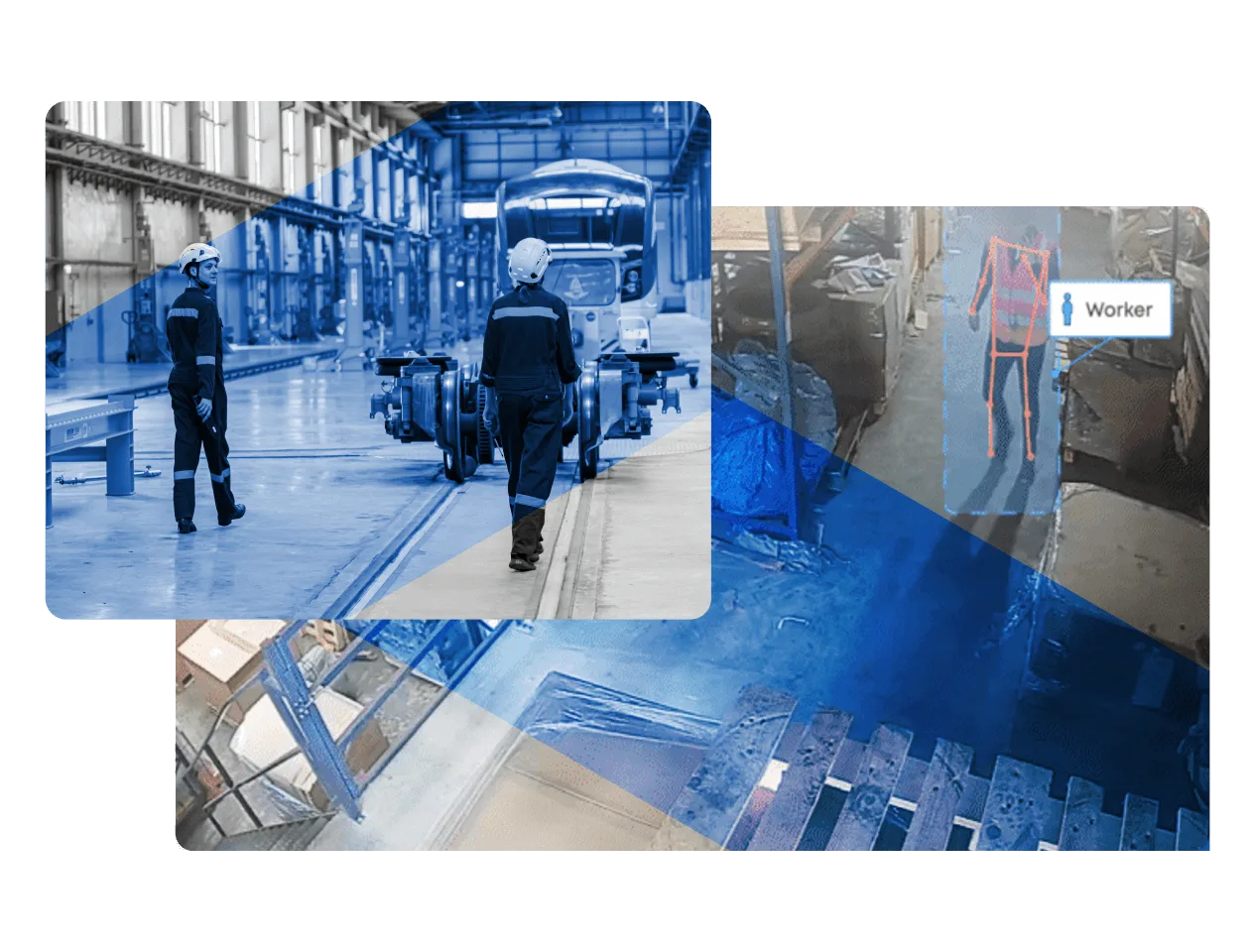 Two images of industrial settings: one shows a worker in safety gear walking near machinery in a warehouse; the other highlights how EHS technology enables AI to identify a worker with a blue box and label reading Worker.