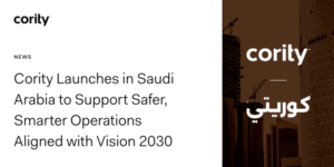 Cority announces its launch in Saudi Arabia to promote safer, smarter EHS operations aligned with Vision 2030. The image features the Cority logo and Arabic text set against a cityscape background.