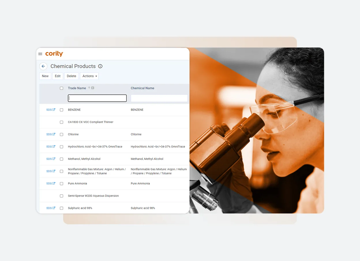 A split-screen image showing a digital inventory list of chemical products on the left and a female scientist wearing safety glasses examining a sample under a microscope on the right, highlighting our main solutions all in one platform.
