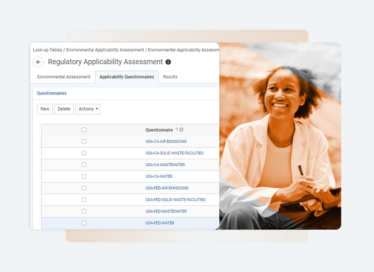 A web page on Solutions Main displays a table titled “Regulatory Applicability Assessment” with questionnaires and checkboxes. An image of a smiling woman overlays the right side, highlighting the simplicity of managing compliance on one platform.