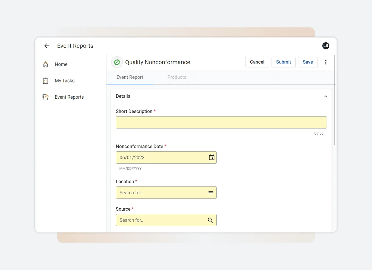A digital form titled Quality Nonconformance is displayed within Solutions Main, featuring fields for short description, nonconformance date, location, and source. Buttons for Cancel, Submit, and Save are at the top right on One Platform.