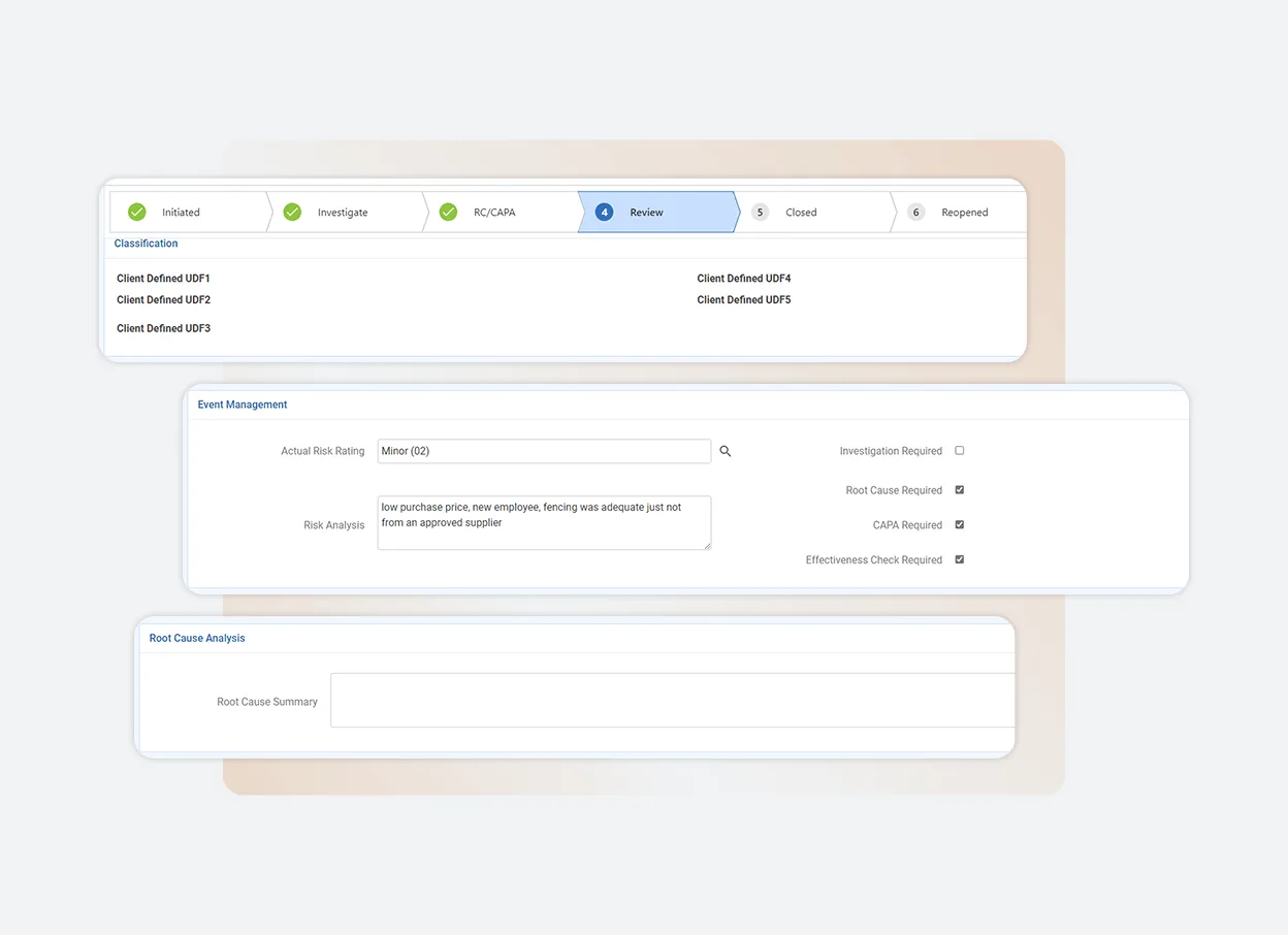 A software interface on one platform displays a workflow with steps: Initiated, Investigate, RCA/CA, Review, Closed, and Reopened. Sections below show event management details, risk analysis, and a root cause analysis summary form.