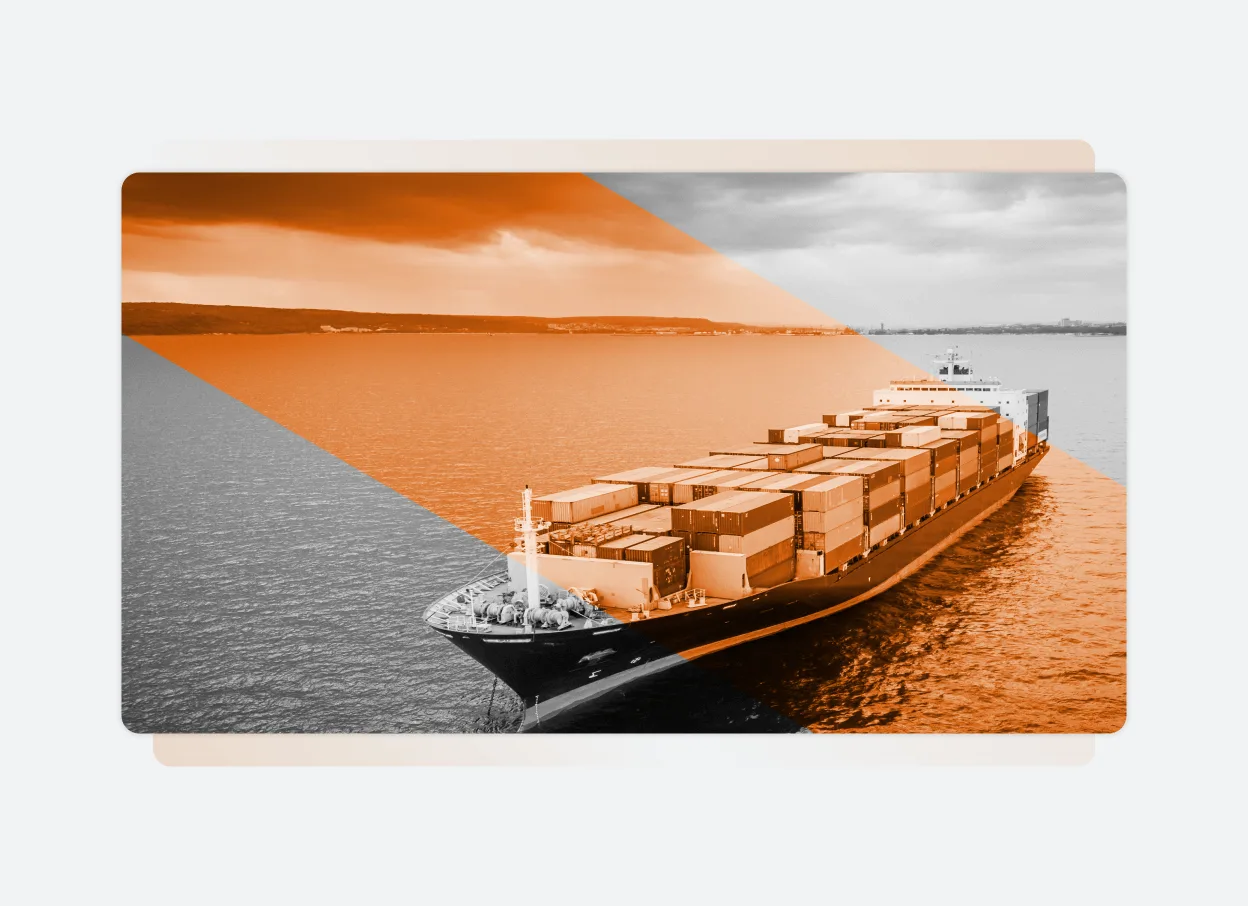 A cargo ship loaded with shipping containers sails on a calm sea under a cloudy sky; the image features an orange geometric overlay, symbolizing one platform for integrated solutions.