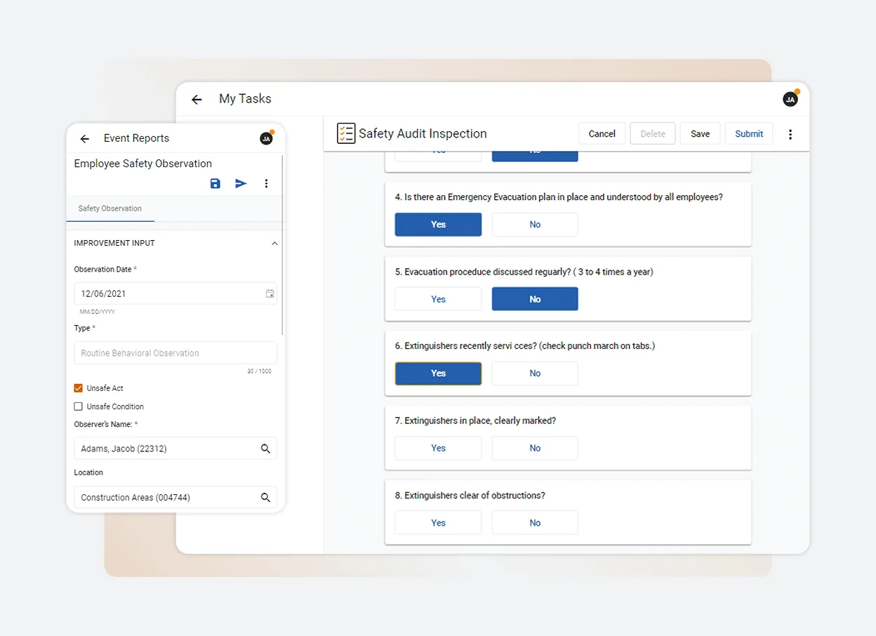 A digital dashboard from Solutions Main showcases an Employee Safety Observation form on the left and a Safety Audit Inspection checklist with Yes/No questions and action buttons on the right—all managed seamlessly from one platform.