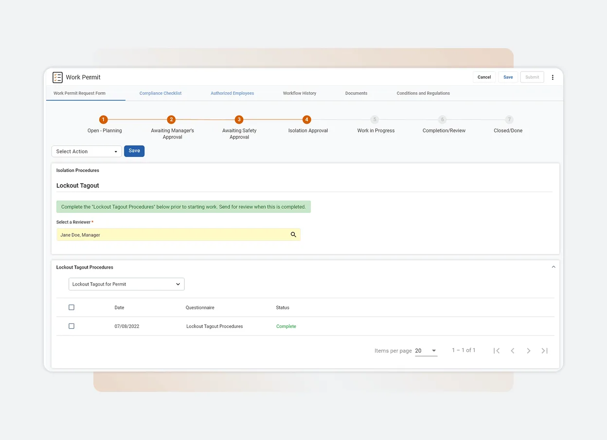 A digital work permit form in Solutions Main displays workflow steps, with the Compliance Checklist tab open. The Lockout Tagout Procedures section is marked as Complete, highlighting the convenience of One Platform for efficient compliance management.