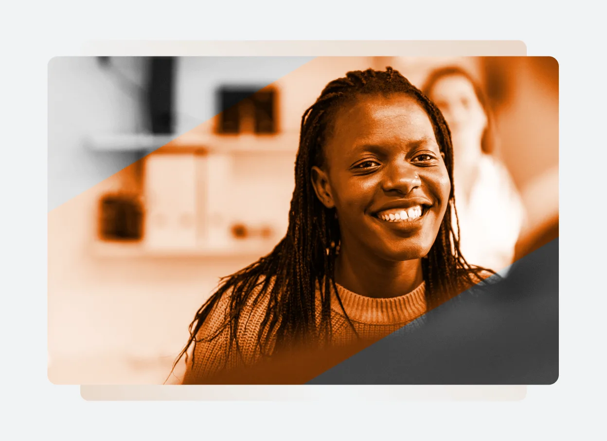 A woman with braided hair smiles warmly, facing the camera. The image is color-edited with an orange and monochrome filter diagonally splitting the photo, reflecting the unified approach of One Platform. The background is softly blurred.