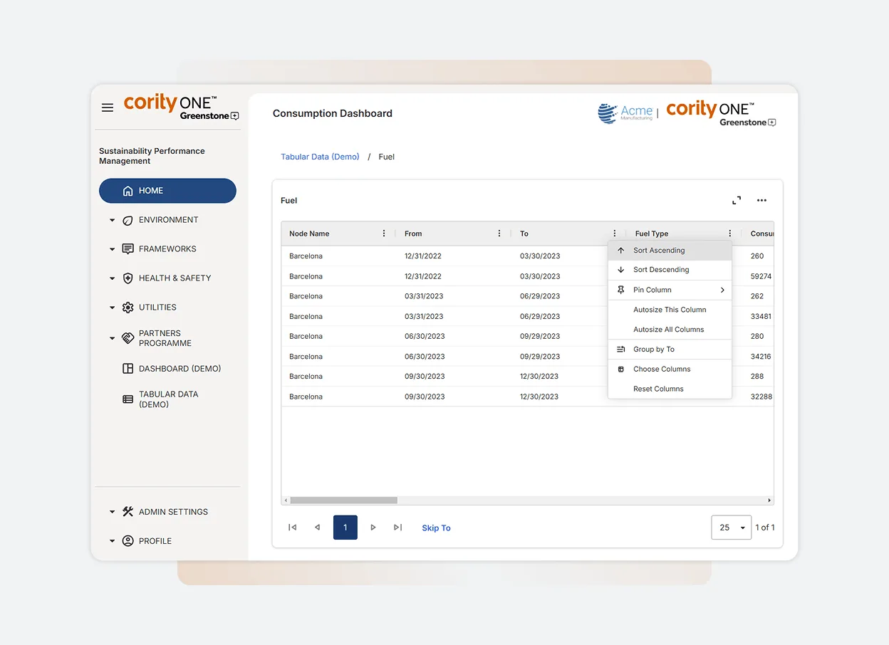The Solutions Main dashboard displays a table of fuel consumption data, with columns for node name, from and to dates, fuel type, and consumption values. Navigation and menu options appear on the left sidebar of this One Platform solution.