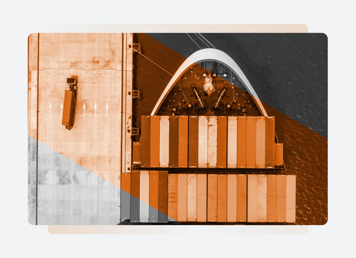 Aerial view of a cargo ship docked at a port, loaded with colorful shipping containers beside a concrete pier. The image is overlaid with geometric orange and gray color blocks, representing Solutions Main on One Platform.