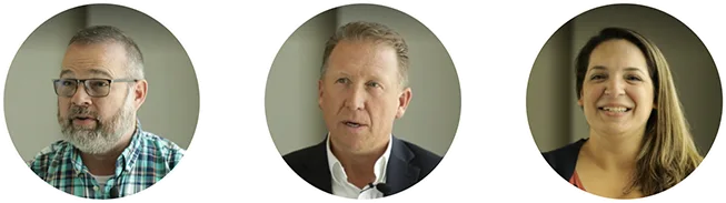 Three people in circular frames: a bearded man with glasses wearing a plaid shirt, a man in a suit jacket and shirt, and a smiling woman with long hair wearing a dark top.