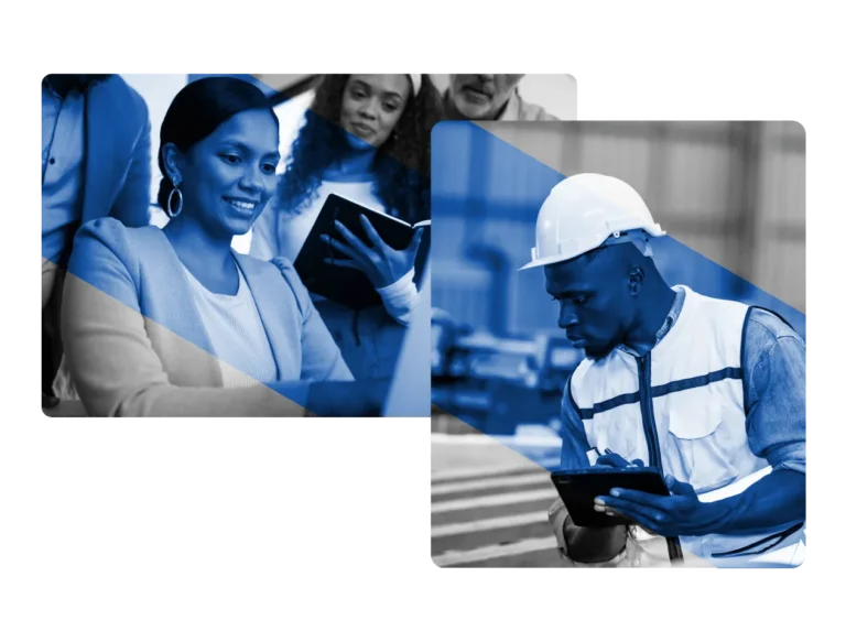 A businesswoman smiles while typing on a laptop, possibly managing a Document Control System, as colleagues look on; beside her, a man in a hard hat and safety vest writes on a tablet in an industrial setting. Both images have blue graphic overlays.
