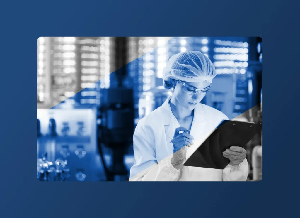 A scientist wearing a lab coat, hair net, and safety glasses writes on a clipboard in a laboratory with blurred equipment in the background. Blue overlays highlight the focus on research for the energy industry.