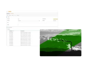 A screenshot of an industrial hygiene software emissions reporting dashboard overlays a photo of industrial smokestacks emitting smoke, with a green diagonal stripe across the image.