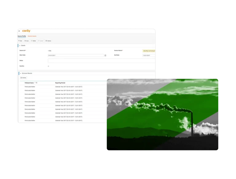 A screenshot of an industrial hygiene software emissions reporting dashboard overlays a photo of industrial smokestacks emitting smoke, with a green diagonal stripe across the image.