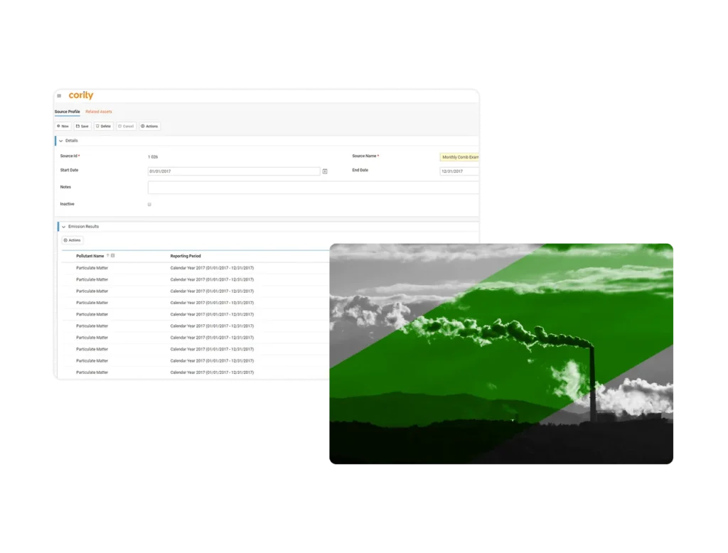 A screenshot of an air emissions management software solution interface with emission tracking data is overlaid on an image of industrial smokestacks emitting smoke, highlighted with a green filter.