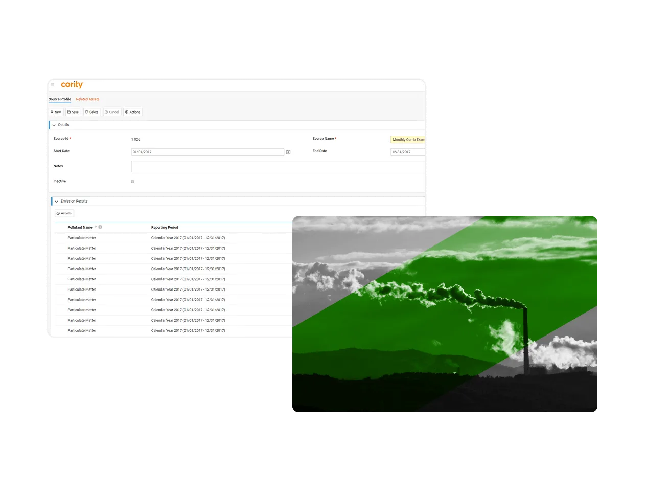 A screenshot of an air emissions management software solution interface with emission tracking data is overlaid on an image of industrial smokestacks emitting smoke, highlighted with a green filter.