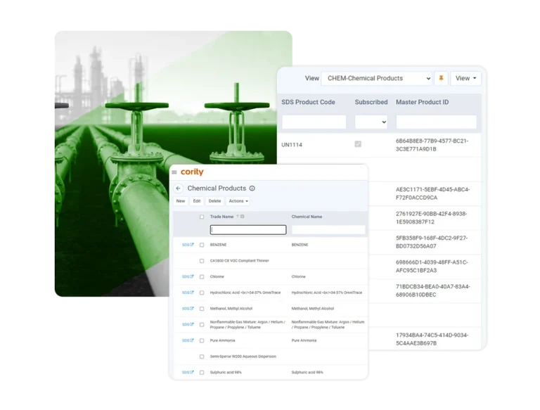 A split image shows industrial green pipelines on the left and two digital interface screens on the right featuring Cority’s Industial Hygiene Software for chemical product tracking and safety data management.