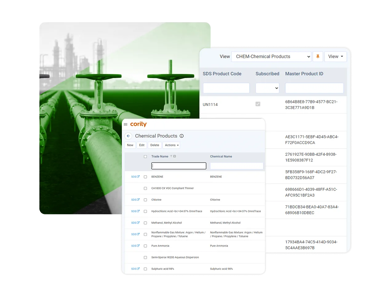 A digital collage featuring a green-tinted pipeline facility in the background with overlapping software interface screens displaying chemical product details and identification codes from advanced chemical management software.