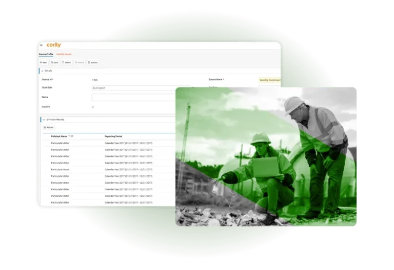 A digital dashboard powered by Industrial Hygiene Software presents data and reporting fields, overlapping with a green-tinted photo of two construction workers at a worksite—one using a laptop, the other reviewing documents.
