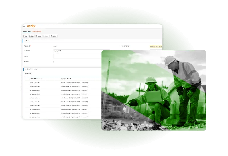 A digital dashboard powered by Industrial Hygiene Software presents data and reporting fields, overlapping with a green-tinted photo of two construction workers at a worksite—one using a laptop, the other reviewing documents.