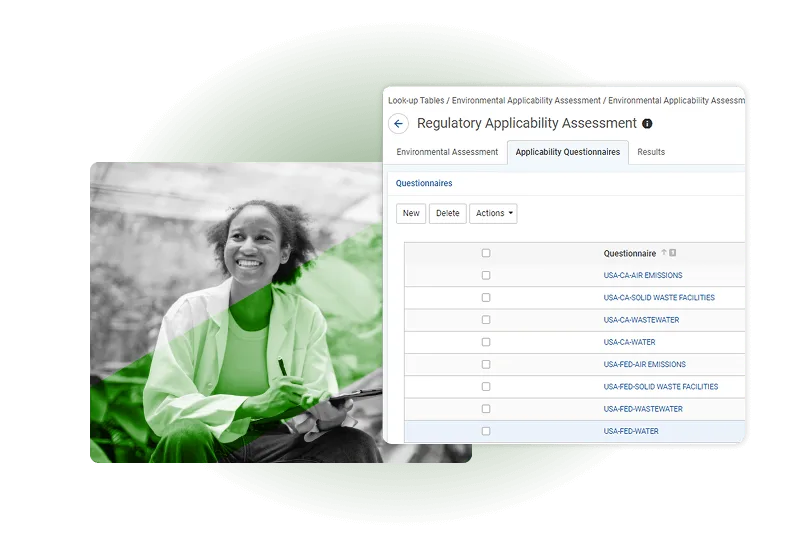 A smiling person sits outdoors writing in a notebook, overlaid with a green filter. Next to them is a screenshot of industrial hygiene software displaying a list of regulatory applicability assessment questionnaires.