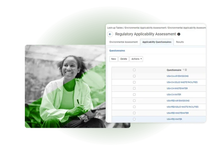 A smiling person holding a tablet sits outside, overlaid with a green translucent shape. Next to them is a screenshot of an Environmental management solutions software interface titled “Regulatory Applicability Assessment” showing questionnaires.