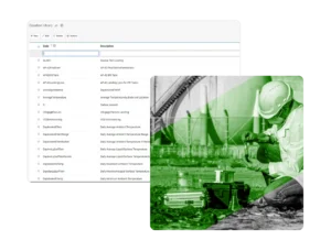 A screenshot of an equation library table with codes and descriptions is overlaid with a green-tinted photo of a person in safety gear working at an industrial site, highlighting the use of Industrial Hygiene Software.