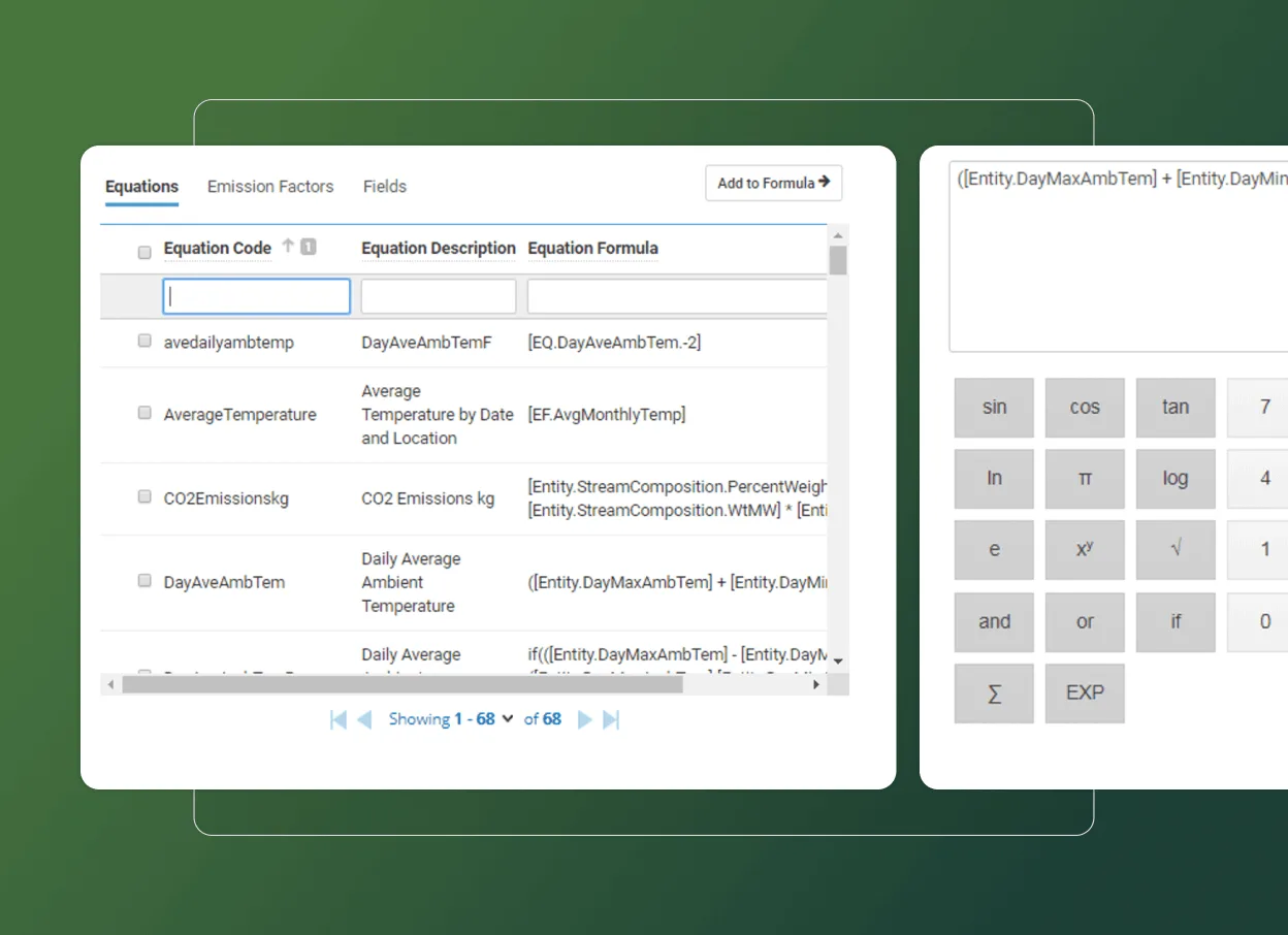A screenshot shows a table of equations with codes, descriptions, and formulas on the left, and a calculator interface on the right. The green gradient background evokes environmental management solutions and highlights sustainability themes.