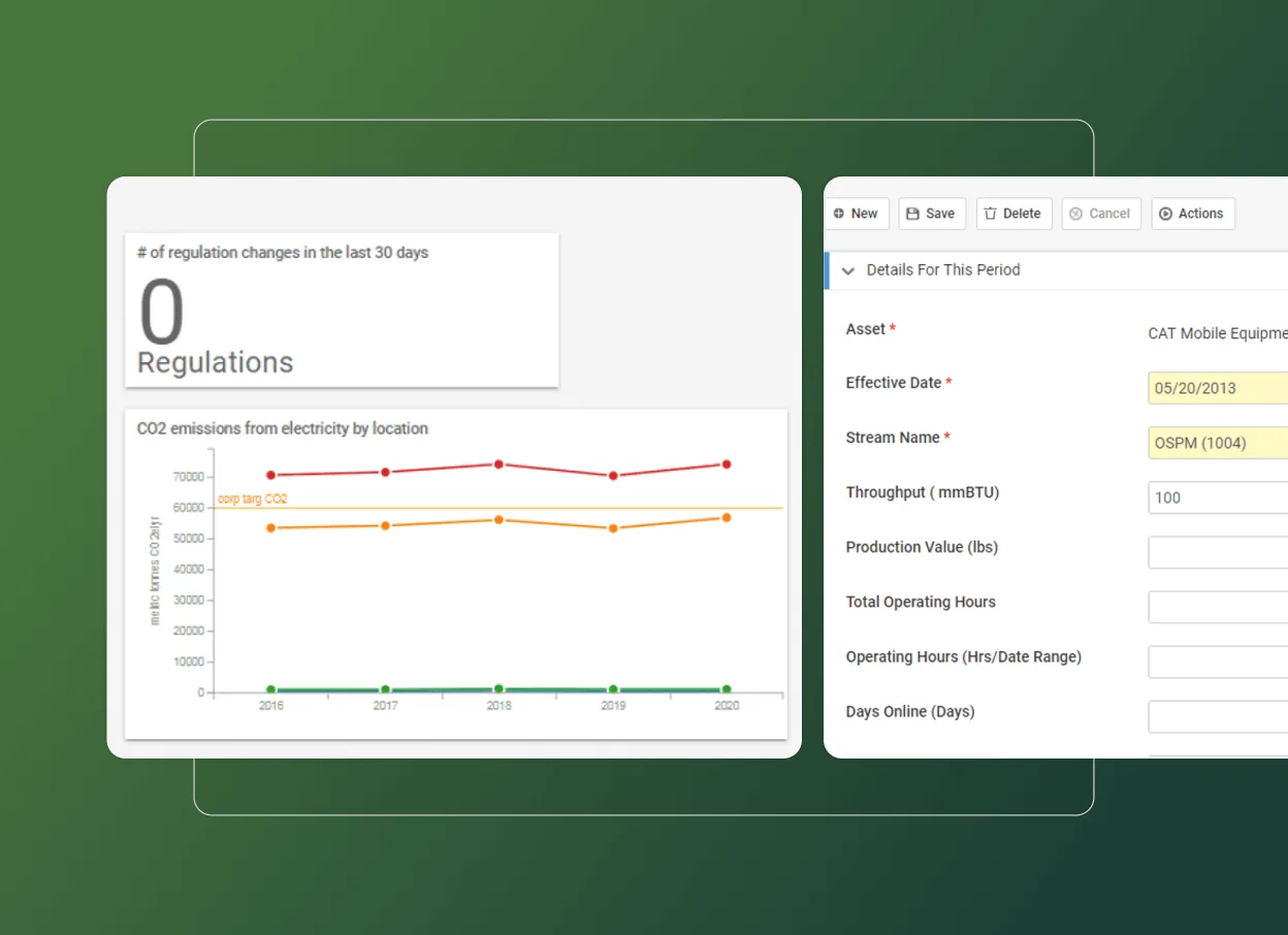 A dashboard displays a line graph of CO2 emissions by location from 2015 to 2019, plus a regulation tracker with zero changes. On the right, an editable form collects equipment and operating details for effective environmental management solutions.