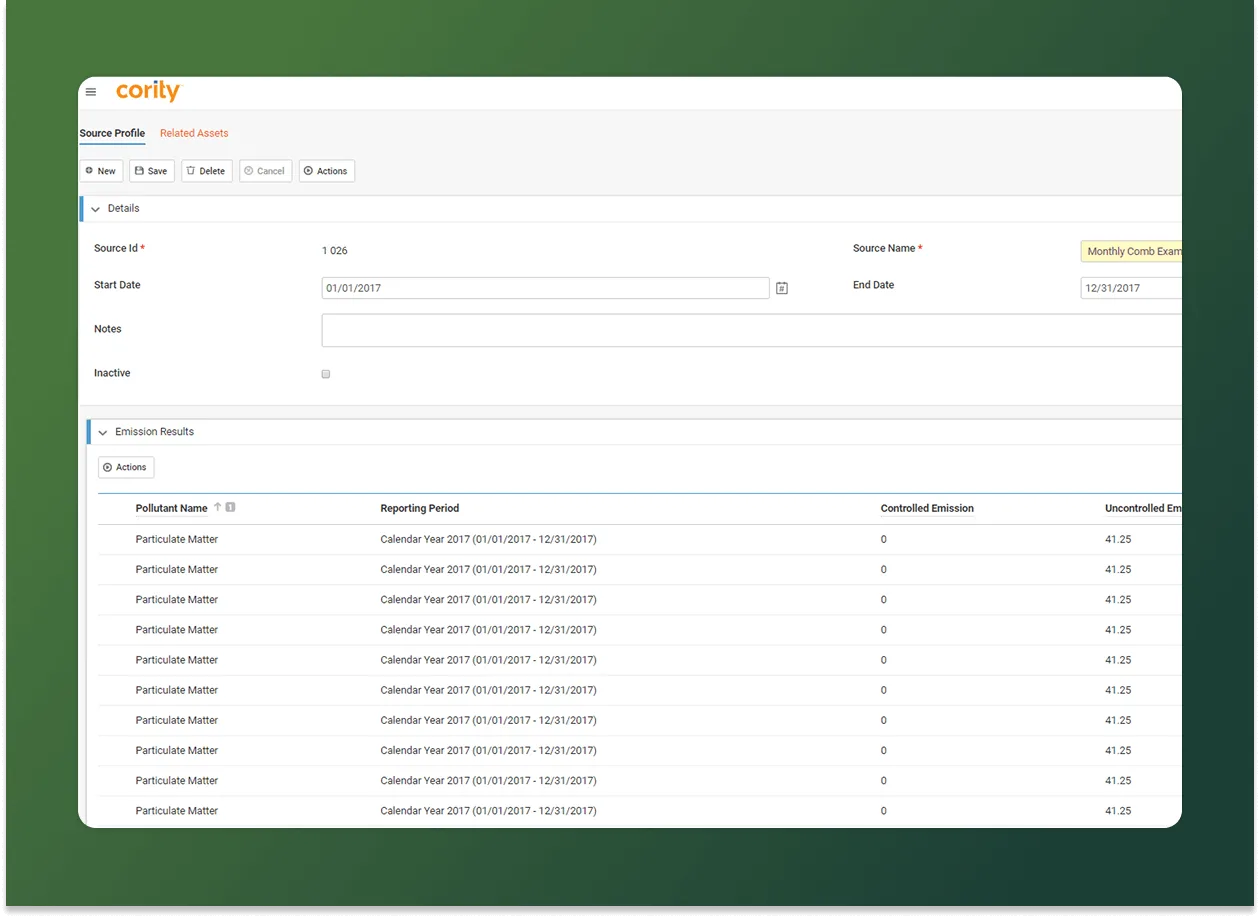 A screenshot of the Cority software, an environmental management solution, showing an emissions report. The table lists Particulate Matter as the pollutant for various reporting periods, with columns for controlled and uncontrolled emissions.