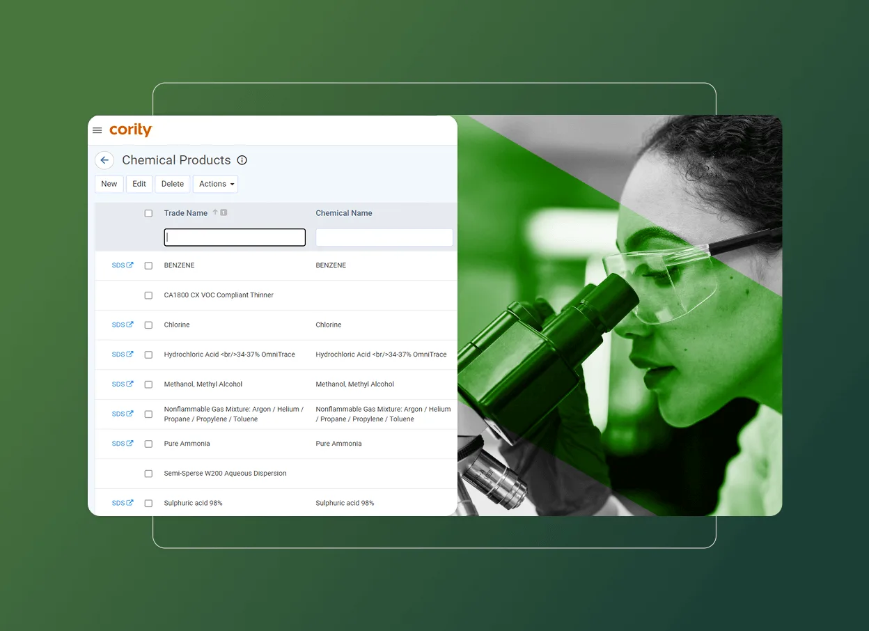 A digital interface listing chemical products is overlaid on a green-tinted photo of a scientist wearing goggles and using a microscope, highlighting Cority’s environmental management solutions. The Cority logo appears in the top left corner.