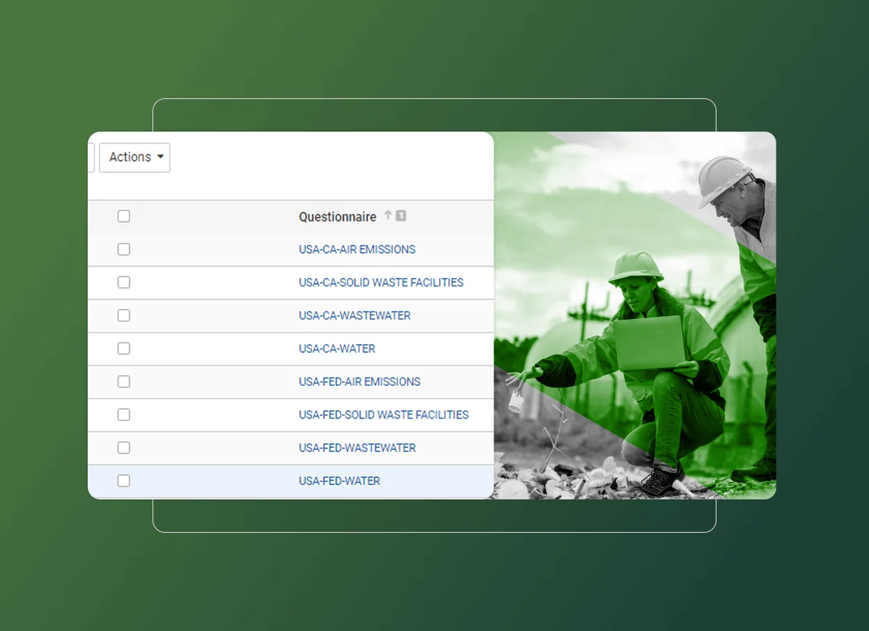 A digital interface displaying a checklist of environmental questionnaires overlays a green-tinted photo of two construction workers reviewing documents at a work site, highlighting the role of environmental management solutions in daily operations.