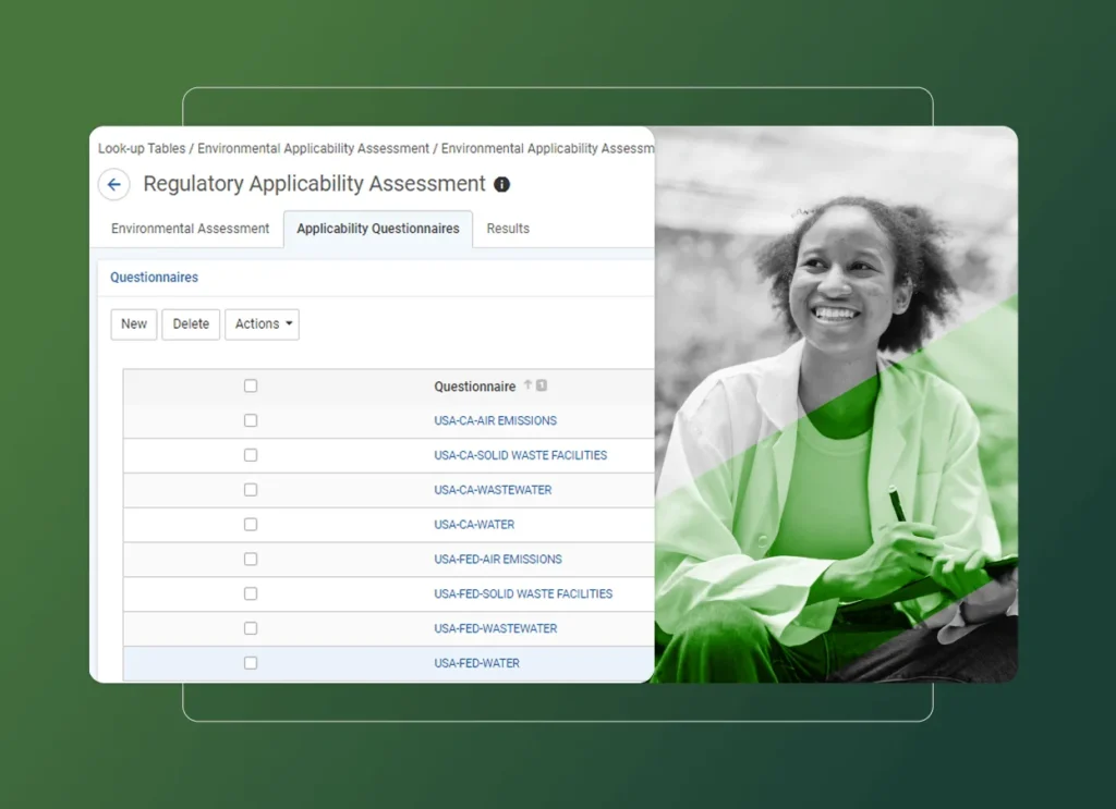 A digital interface displays a Regulatory Applicability Assessment questionnaire list, overlaid by a transparent photo of a smiling person in a lab coat, with a green gradient background—highlighting advanced environmental management solutions.