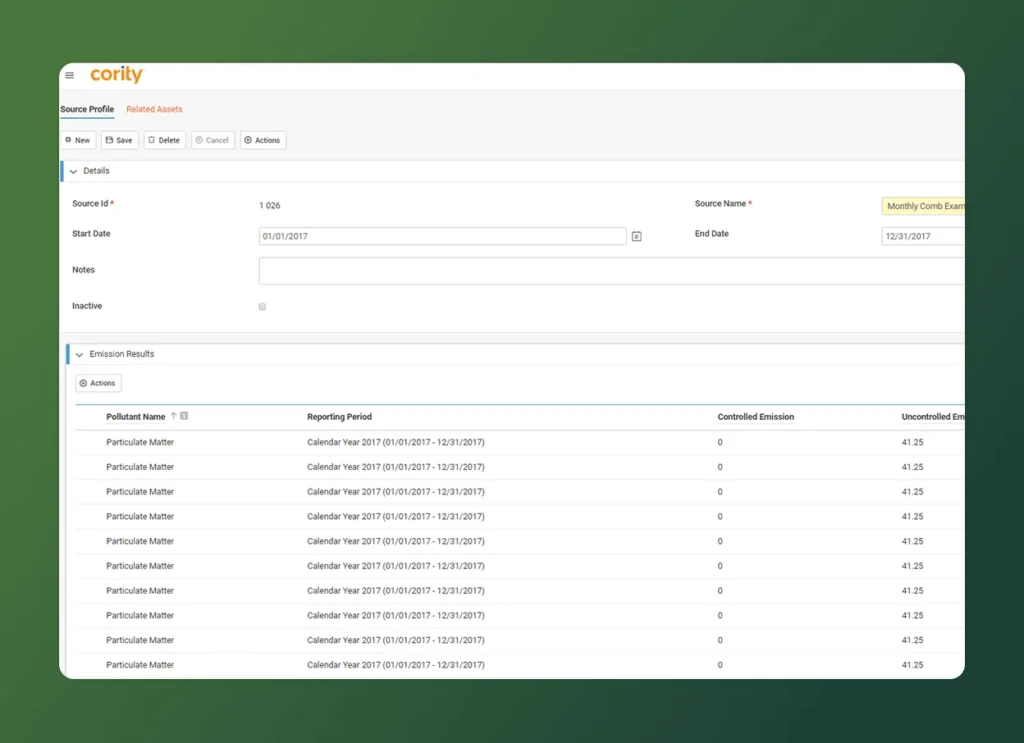 A web dashboard provides environmental management solutions by displaying emission data for Particulate Matter with reporting periods, controlled and uncontrolled emissions, plus options to edit or delete entries on a green gradient background.