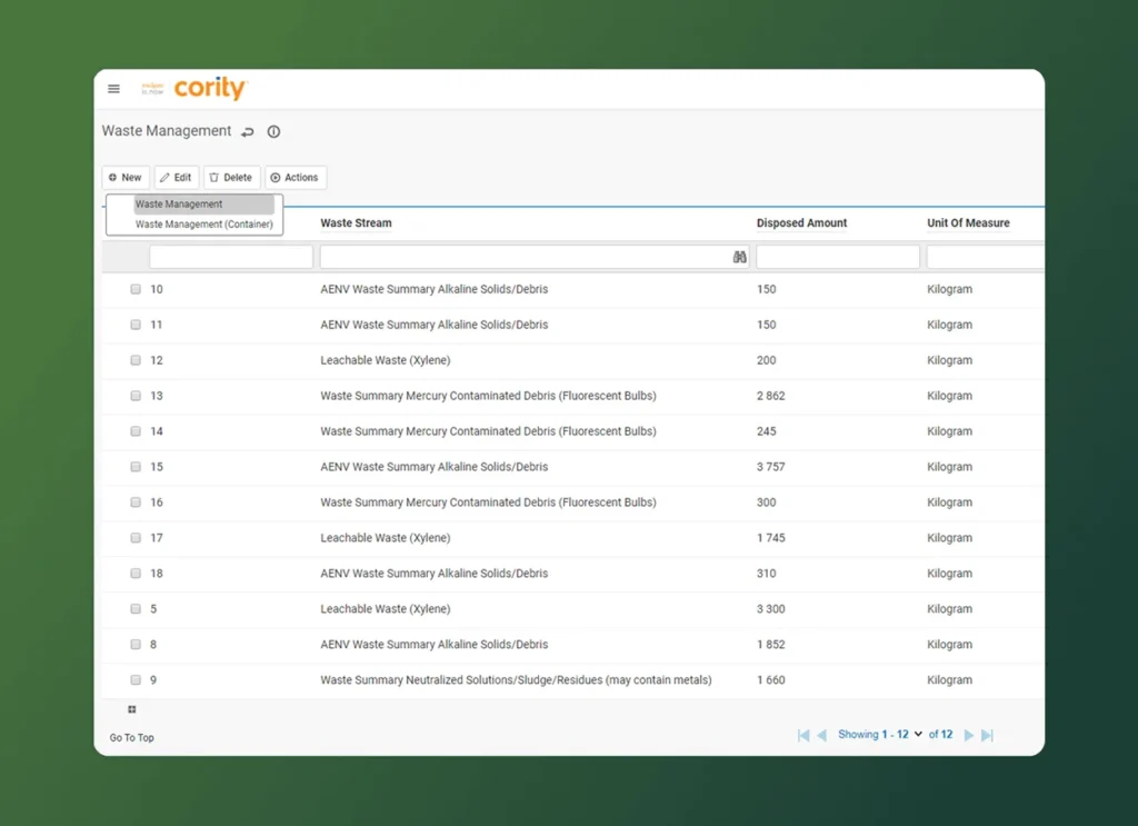 A digital waste management dashboard powered by environmental management solutions displays a table with waste streams, disposed amounts, and units of measure in kilograms. The Cority logo is at the top left, set against a green gradient background.