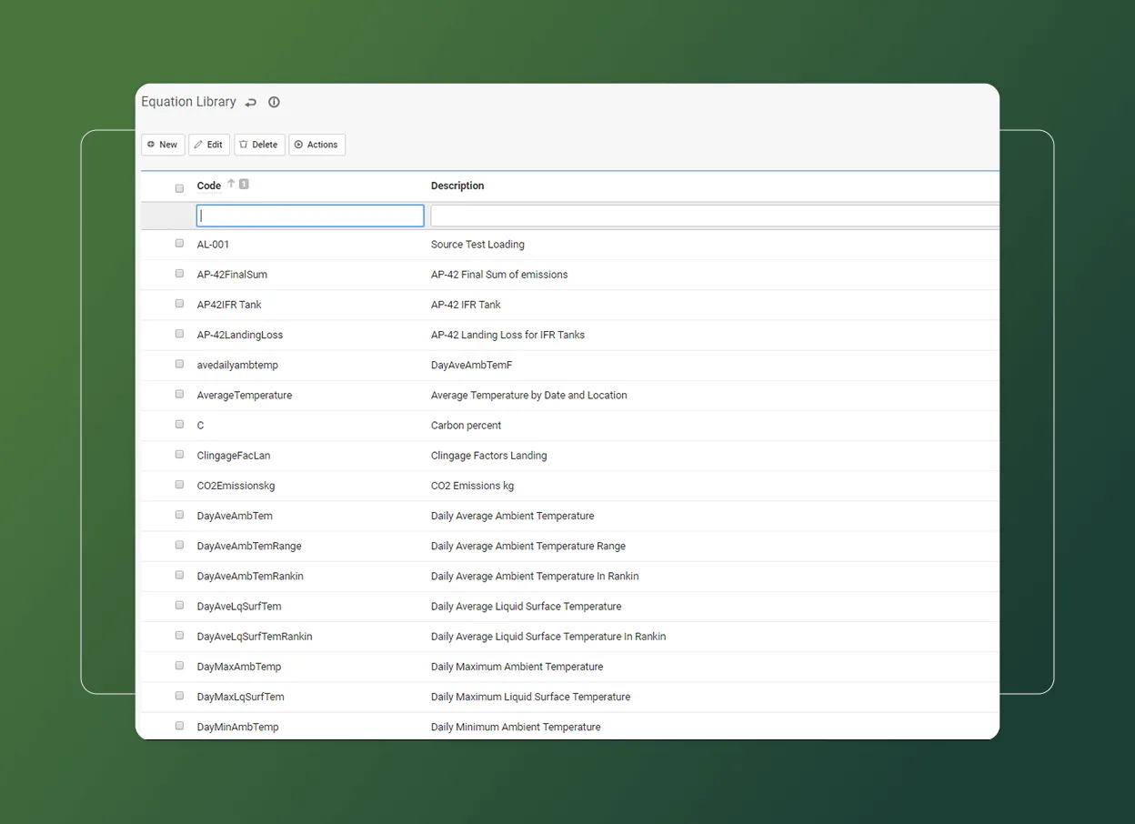 A computer screen displays an Equation Library table with columns for code and description, listing equations like Source Thrust Loading and CO2 Emissions kg, set on a green gradient background that emphasizes environment-friendly features.