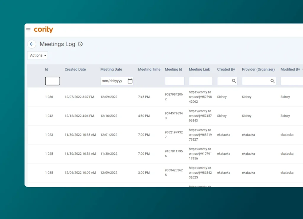 A computer screen displays a Meetings Log table from Cority Employee Health Software, listing meeting details such as date, time, ID, link, organizer, and person who last modified each entry. The background is a blue-green gradient.