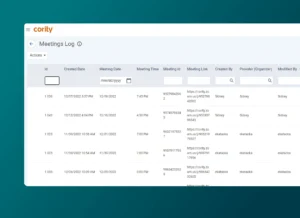 A computer screen displays a Meetings Log table from Cority Employee Health Software, listing meeting details such as date, time, ID, link, organizer, and person who last modified each entry. The background is a blue-green gradient.