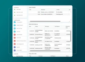Screenshot of an Employee Health Software dashboard displaying today’s schedule, clinical visit follow-ups, and recent health clinic visits, with navigation icons for various health essentials and shortcuts on the left side.