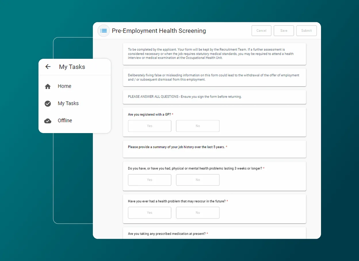 A pre-employment health screening form is displayed on a computer screen, incorporating an Accordion Section for medical history questions. A sidebar menu is open with options: Home, My Tasks, and Offline. The background is teal, reflecting Health Cloud integration.