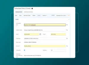 A scheduling form in Health Cloud displays information for a flu shot appointment, including user, health center, date, time, employee details, supervisor, activity, telehealth status, duration, and a Zoom meeting link in an Accordion Section.