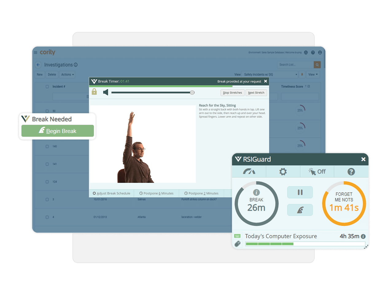 A computer screen displays Home Office Ergonomics break reminders and software, featuring a timer, a prompt to begin a break, an instructor-led stretching exercise, and details about computer exposure and optimal break timing.