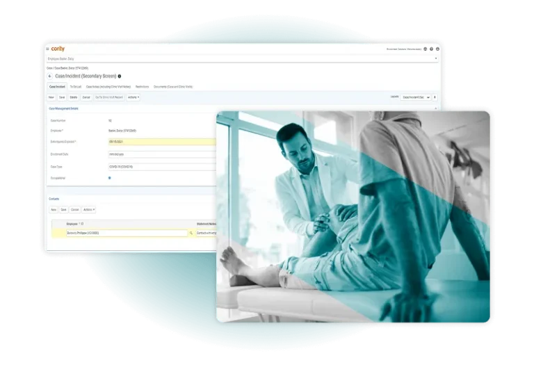 A digital dashboard powered by Employee Health Software displays patient data next to a photo of a healthcare professional examining a patient’s leg in a clinical setting, all enhanced by a blue overlay accent.