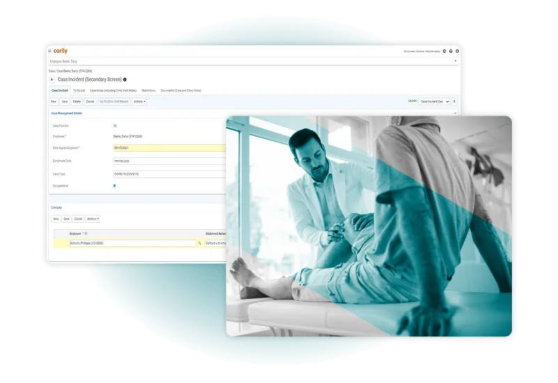 A digital dashboard powered by Employee Health Software displays patient data next to a photo of a healthcare professional examining a patient’s leg in a clinical setting, all enhanced by a blue overlay accent.