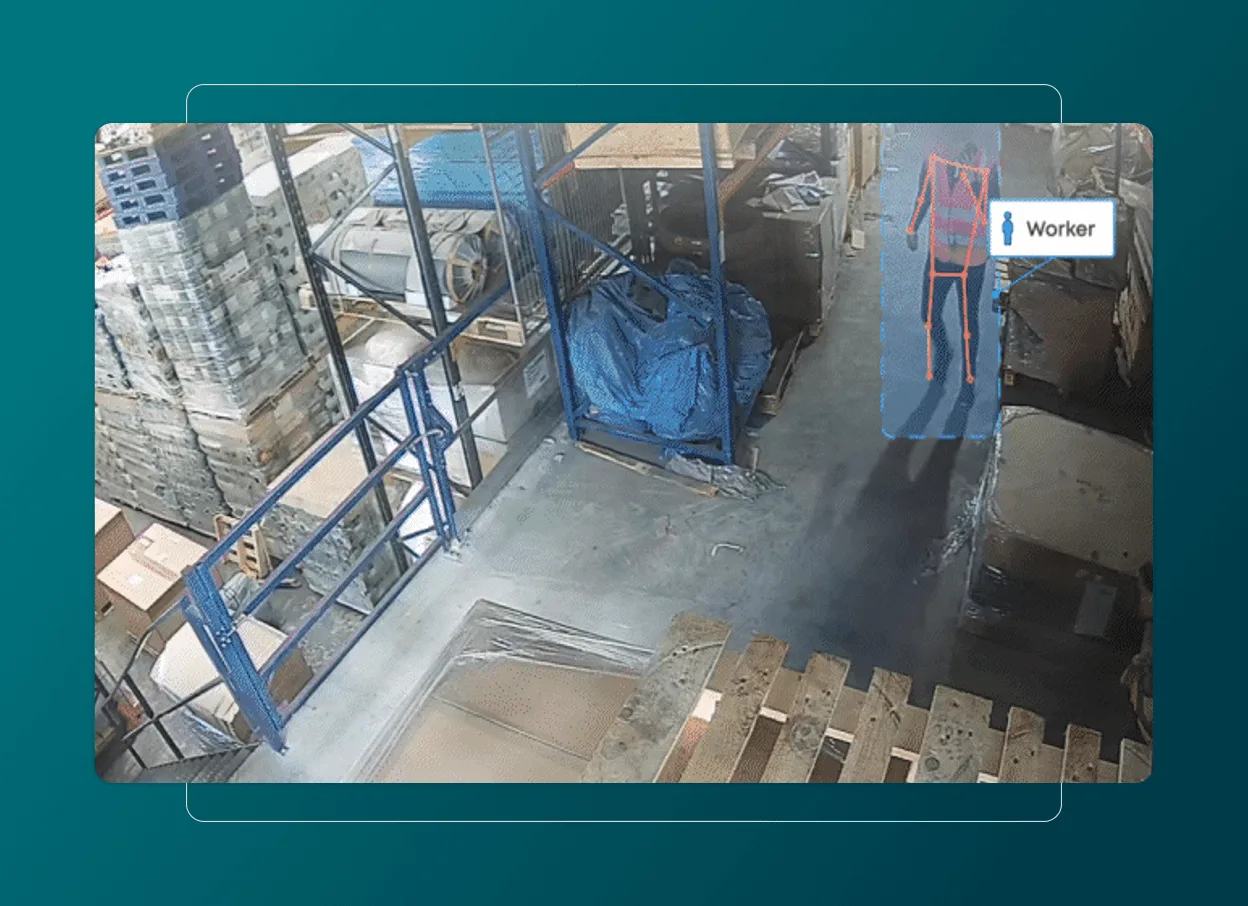 A warehouse with shelves, pallets, and stacked boxes. A highlighted figure labeled Worker stands near the right, outlined with red lines and blue shading for detection by a monitoring system, integrated with Health Cloud for enhanced safety oversight.