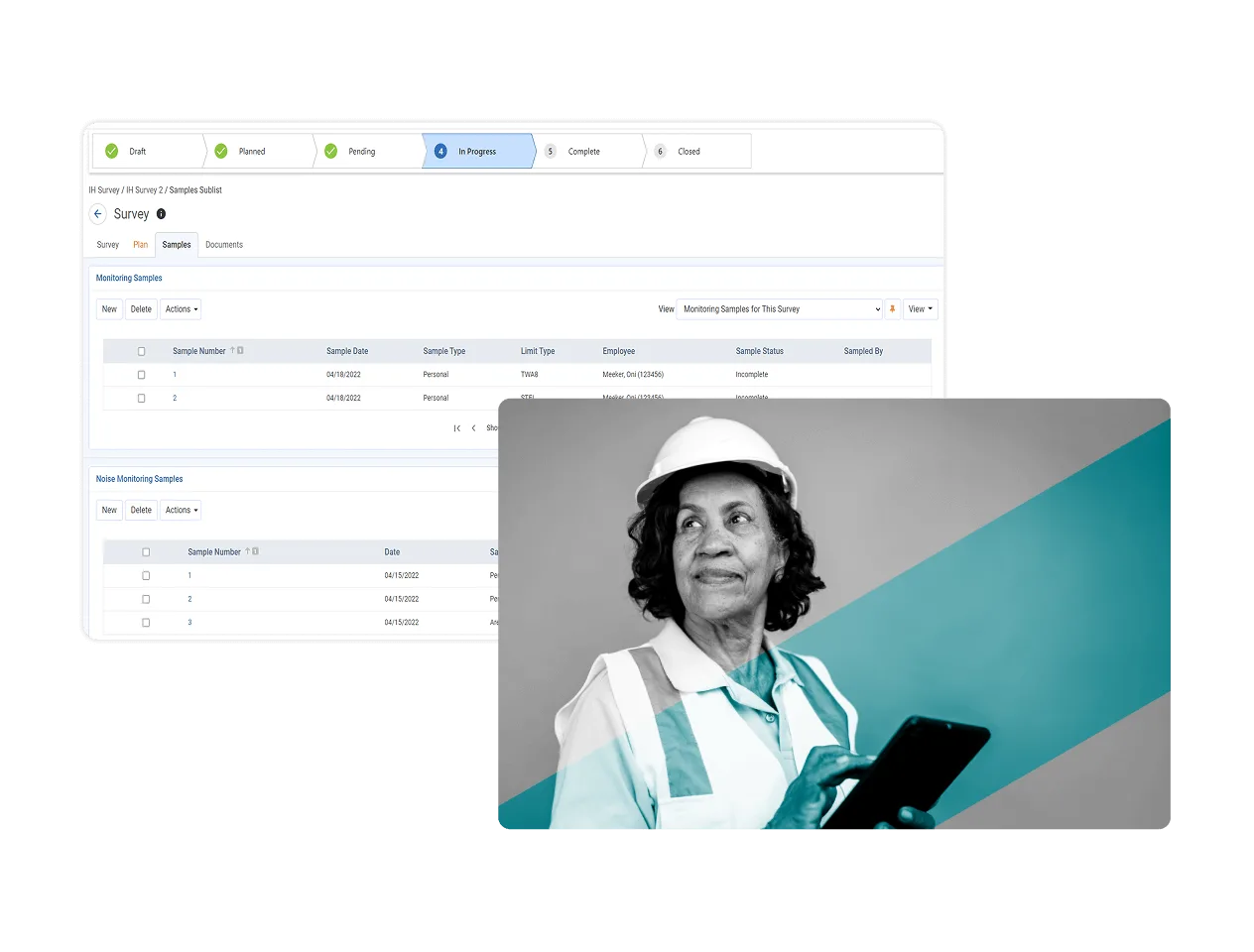 A screenshot of an Industial Hygiene Software survey management dashboard with status tabs is shown in the background. In the foreground, a Black woman wearing a hard hat and safety vest holds a tablet and looks to the side.