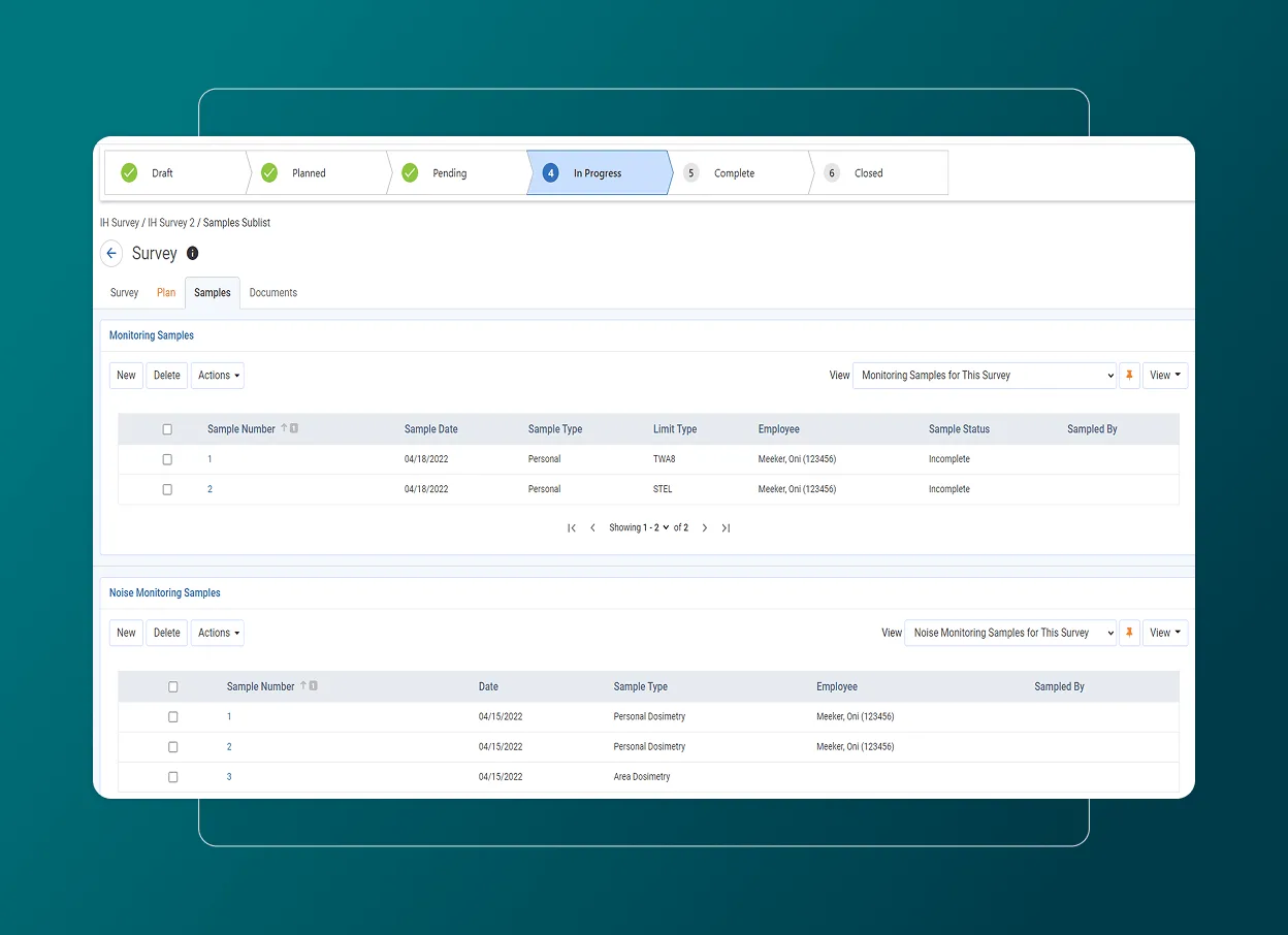 A digital dashboard displays an Employee Health Software survey interface with sample tables, showing statuses, dates, types, employees, and actions for monitoring and noise samples on a teal background.