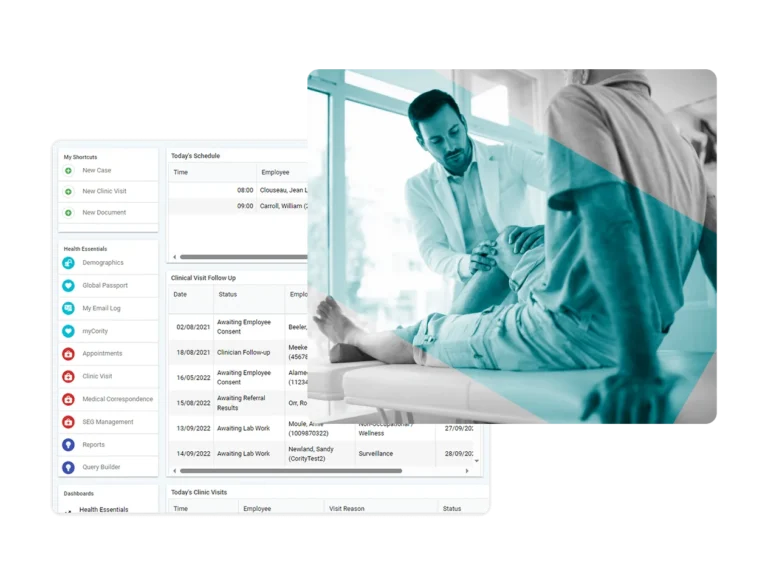 A doctor in a white coat examines a patient's arm in a clinic. Behind them, a computer screen displays Occupational Health Software with icons, patient details, and lists of clinical visits and follow-ups.