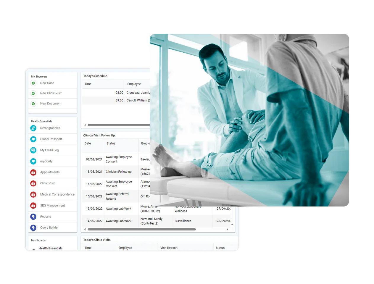 A doctor in a white coat examines a patient's arm in a clinic. Behind them, a computer screen displays Occupational Health Software with icons, patient details, and lists of clinical visits and follow-ups.
